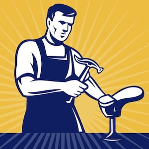May include: A man in a blue apron uses a hammer to work on a shoe on a last. The background is a yellow and white radial pattern.