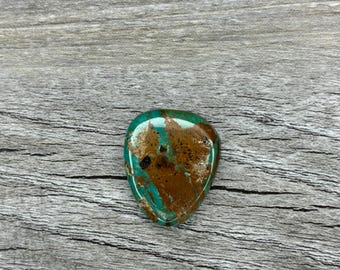 Può includere: Una gemma lucida a forma di goccia. La pietra presenta una sorprendente combinazione di tonalità turchese, marrone e nero, con una finitura lucida. La gemma è posta su uno sfondo di legno.