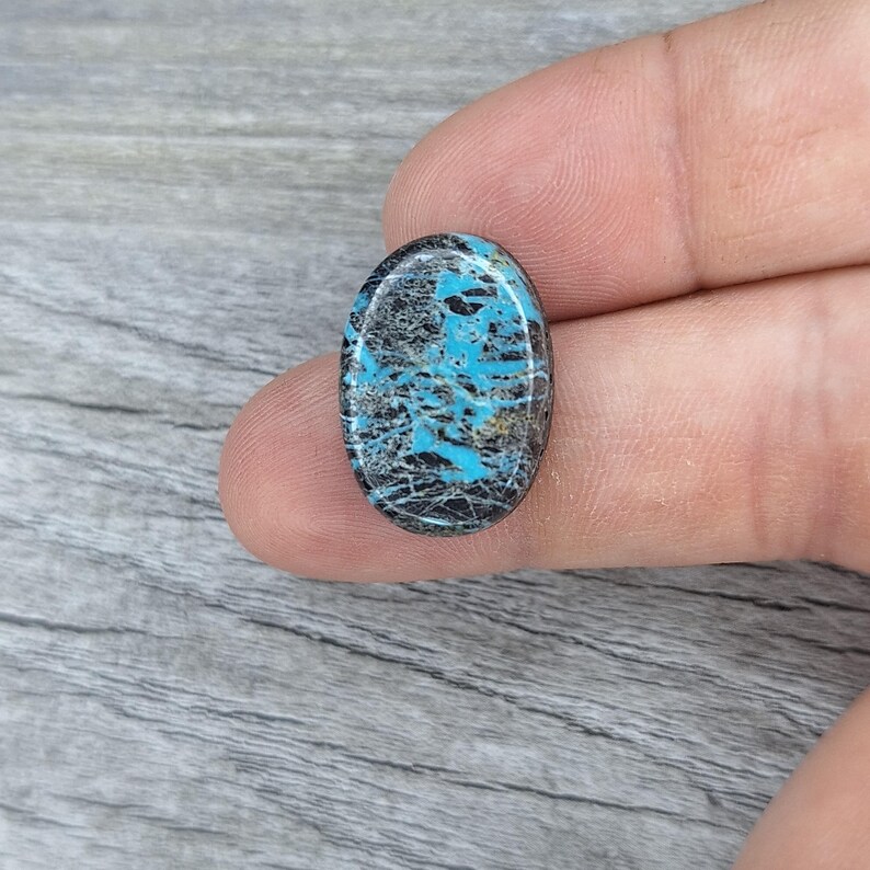 May include: Oval cabochon gemstone with a blue and black marbled pattern. The stone has a smooth, polished surface.