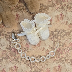 Handmade Crochet Pacifier Clip - Gold On White