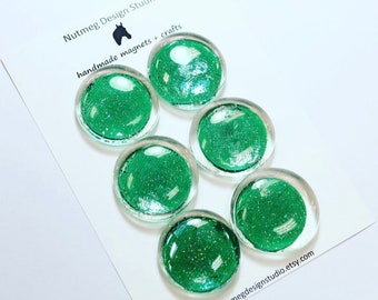 Imanes de vidrio con purpurina verde, hechos a mano, decoración de oficina, juego de 6