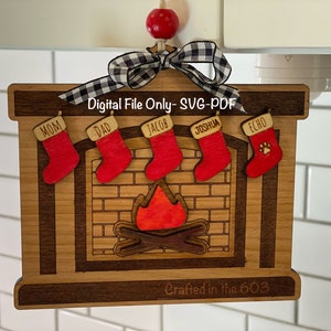 The Stocking Were Hung Fireplace Ornament Digital Download / Christmas Fireplace with Personalized Stocking / Glowforge File/ SVG/ PDF