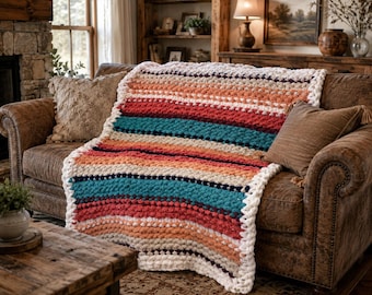 Chunky Knit Chenille Blanket – Handmade Striped Throw | Boho Cozy Home Décor | Made To Order