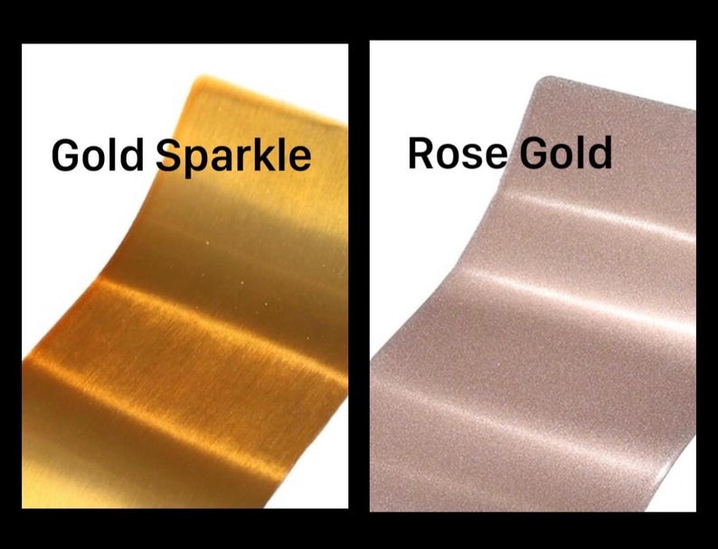 May include: Two rectangular metal swatches displayed side by side. The left swatch is a metallic gold with a subtle sparkle finish, labeled Gold Sparkle. The right swatch is a metallic rose gold with a fine, shimmering texture, labeled Rose Gold.