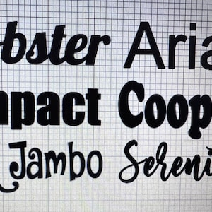 May include: A black font style guide displayed on a white grid background. The text includes the words Lobster, Arial, Impact, Cooper, DK Jambo, and Serenity, each rendered in its respective typeface to demonstrate different lettering styles.