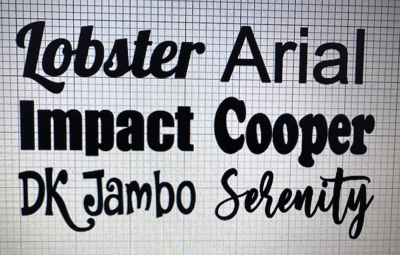 May include: A black font style guide displayed on a white grid background. The text includes the words Lobster, Arial, Impact, Cooper, DK Jambo, and Serenity, each rendered in its respective typeface to demonstrate different lettering styles.