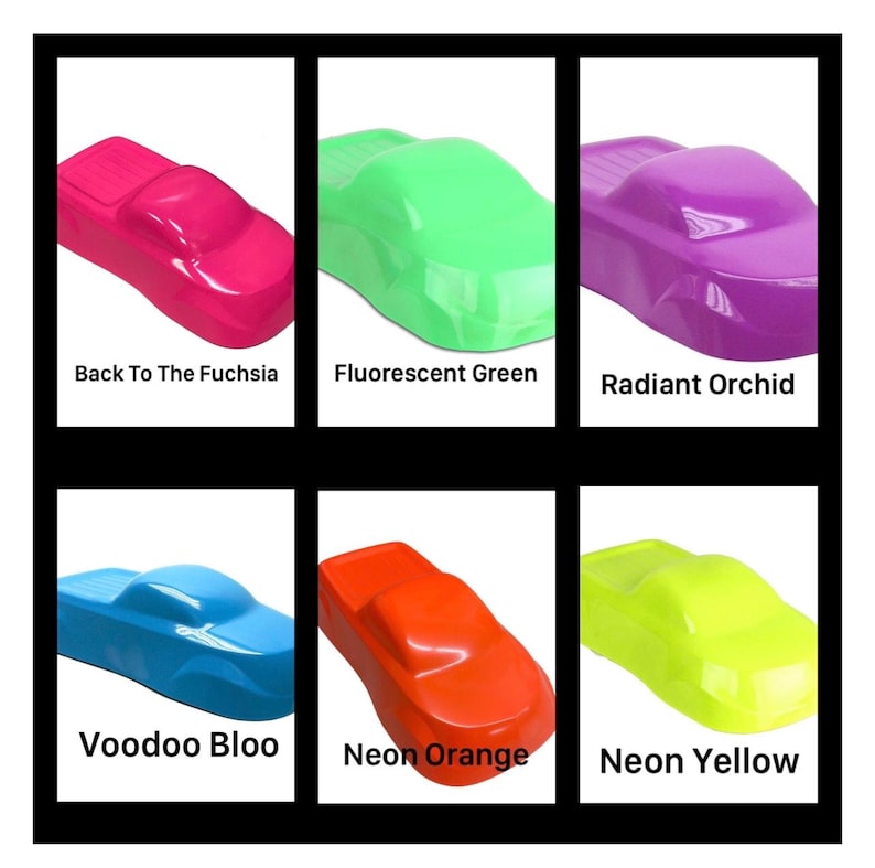 May include: Six glossy car-shaped paint samples in various colors. The colors are labeled as Back To The Fuchsia, Fluorescent Green, Radiant Orchid, Voodoo Bloo, Neon Orange, and Neon Yellow. Each sample features a smooth, reflective finish.