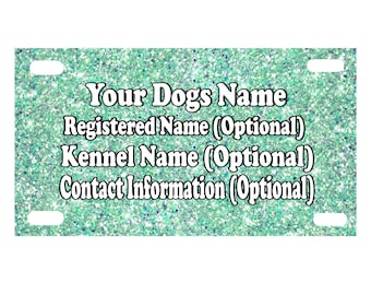 Może przedstawiać: Turkusowa blaszka dla psa z brokatem i białym tekstem: "Your Dogs Name", "Registered Name (Optional)", "Kennel Name (Optional)" i "Contact Information (Optional)".