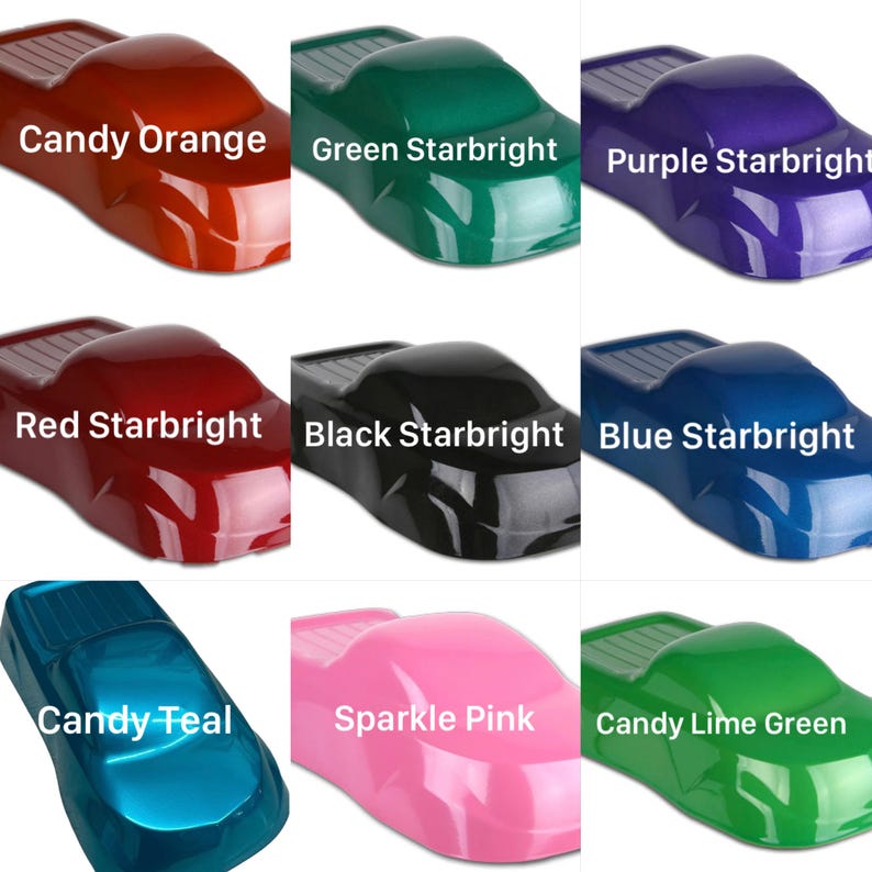 May include: A grid of nine car-shaped paint samples in various glossy finishes. Colors include Candy Orange, Green Starbright, Purple Starbright, Red Starbright, Black Starbright, Blue Starbright, Candy Teal, Sparkle Pink, and Candy Lime Green.
