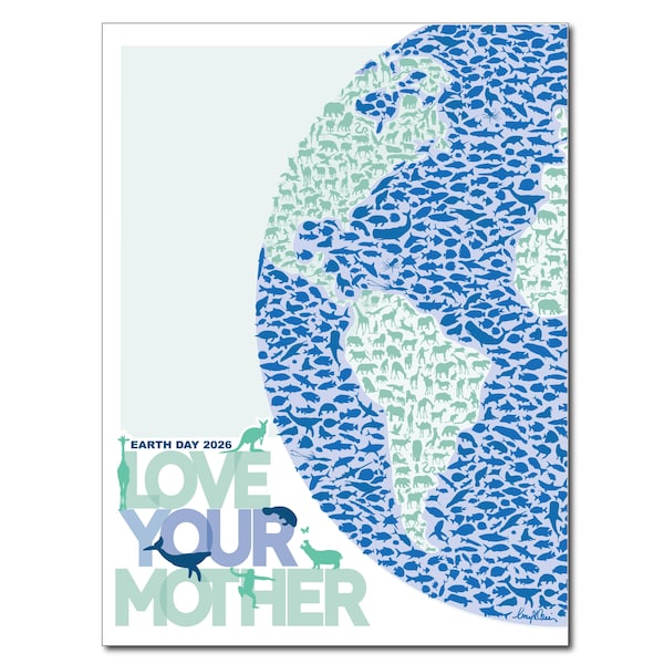 Love Your Mother Earth Day Poster – Wildlife Mosaic, Animal Silhouettes (Digital Download)
