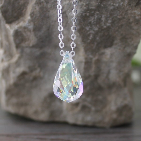 Swarovski Crystal Necklace; Aurora Borealis; 925 Sterling Silver; Minimalist; Teardrop Raindrop; Bridal Necklace; Bridesmaid Gift; Wedding;