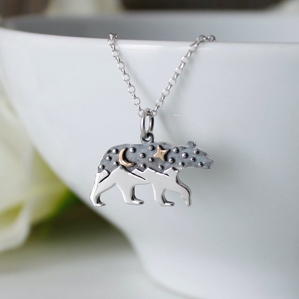 Sterling Silver Bear Necklace * Sterling Silver Mountain Necklace * Crescent Moon * Wanderlust * Pendant * Star * Traveller * Bear Charm