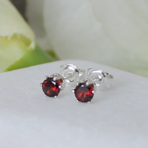 Tiny Garnet Studs * Sterling Silver * 4mm Faceted Garnet Stud Earrings * Red Garnet Earrings * January Birthstone Studs