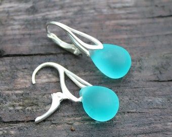 Sterling Silver & Cultured Sea Glass Earrings * Sterling Silver Sea Glass Earrings * Beach Glass Earrings * Lever Back Sea foam