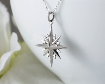 Sterling Silver North Star Pendant Necklace * 16 Point North