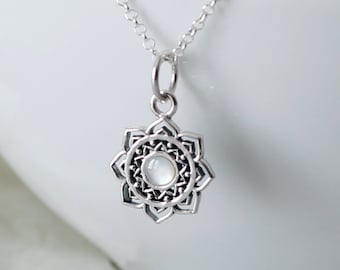Sterling Silver Mother of Pearl Mandala Necklace * Flower Mandala * Tiny Lotus Mandala * Strength & Endurance * Flower