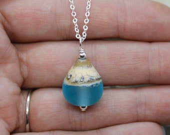Sterling Silver Aqua Teardrop Sea Glass Necklace * Aqua Ocean Necklace * Lampwork Pendant * Beach Jewelry * Beach Wedding * Ocean Spree