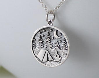 Sterling Silver Camping Necklace * Tent with Fire and Trees * Camping Life * Camping Charm * Outdoor Lover * I'd Rather Be Camping