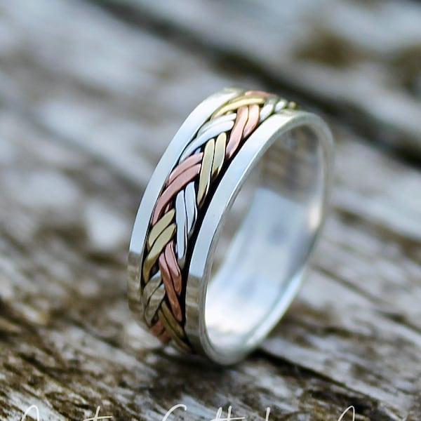 Bague tournante en argent sterling, cuivre et laiton * Bande de rotation tressée celtique * Bague tournante en métal mixte * Bague fidget en corde tressée