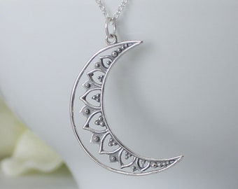 Sterling Silver Cresent Moon Necklace * Mandala Moon Pendant * Yoga Necklace * Strength & Endurance * Sterling Silver