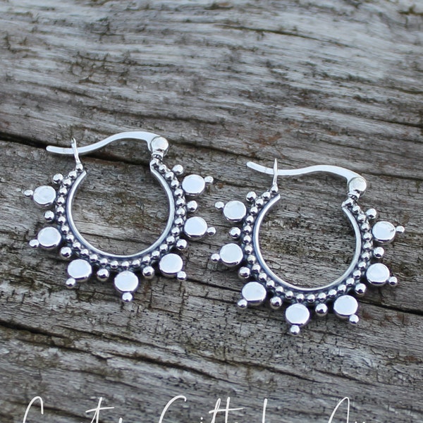 Sterling Silver Bohemiam Hoops * Ethnic Hoop Earrings * Silver Tribal Hoop Earrings * Dainty Hoops * Boho Chic * Dotted Hoops