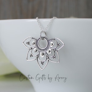 Sterling Silver Mandala Necklace * BOHO Half Mandala Charm * Open Half Flower Mandala Necklace * Yoga Necklace * Strength & Endurance