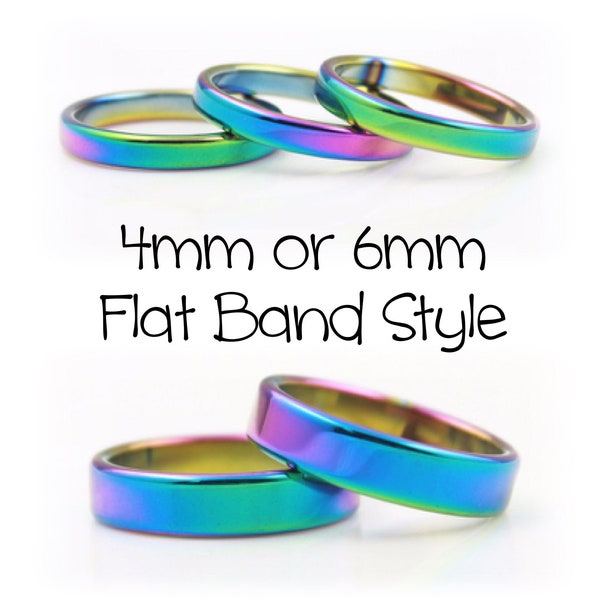 Rainbow Hematite Ring * Non Magnetic Gemstone Rings * Flat Rainbow Band * 4 MM 6 MM Band * US Size 6 7 8 9 * Negative Energy Protection