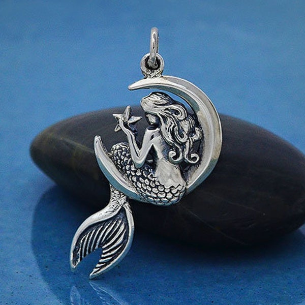 Sterling Silver Mermaid Necklace * Sterling Silver Crescent Moon Necklace * Mermaid on Moon Pendant Necklace * Fantasy Pendant Necklace