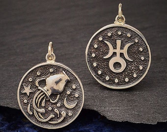 Sterling Silver Aquarius Necklace * Double Sided Coin Pendant * Aquarius Zodiac Charm * Astrology * Celestial * Zodiac Sign * Horoscope