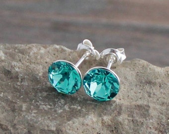 Sterling Silver and Turquoise Swarovski Crystal Studs; Birthstone Jewelry; Hypoallergenic; 6mm or 8mm Round Minimalist; December