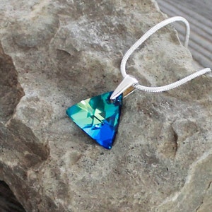 Minimalist Bermuda Blue Swarovski Crystal Necklace  * Triangle * Triangular * Ocean, Beach, Water, Aqua Sapphire; Sterling Silver