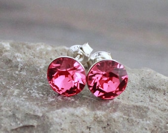 Pink Swarovski Crystal Studs; Sterling Silver Posts; Lightweight; Hypoallergenic; 6 mm or 8 mm Round; Minimalist Pink Crystal Stud