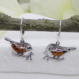 Sterling Silver and Amber Earrings * Baltic Amber Earrings * Robin Earrings * Robin Red Breast Earrings * Bird Lover