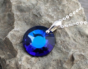 Blue Crystal Necklace * Bermuda Blue Swarovski Sun Crystal Pendant * Round Circular *Ocean, Beach, Water, 925 Sterling Silver