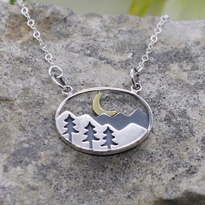 Sterling Silver Mountain Necklace * Wanderlust * Mountain Night Crescent Moon * Mixed Metal * 925 Sterling Silver * Bronze * Forest Trees