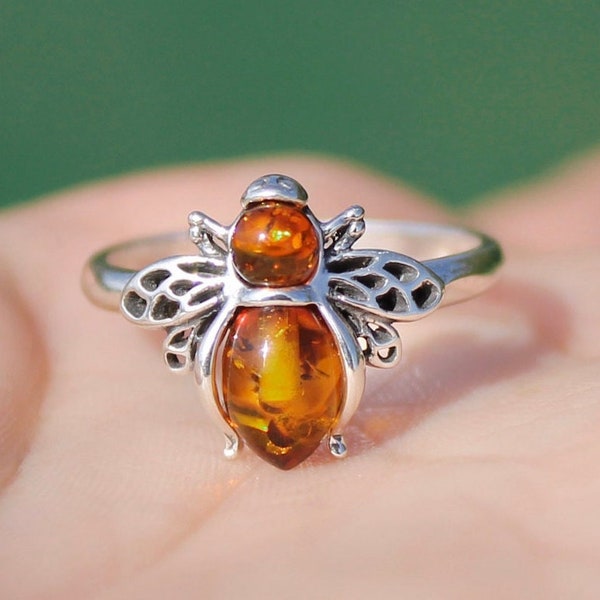 Amber Bee Ring * Sterling Silver Bee Ring * Amber Bee Ring * Genuine Baltic Amber Bee Ring