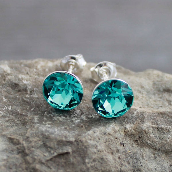 Teal/Indicolite Swarovski Crystal Studs on Sterling Silver Posts; Blue/Green Crystal; Lightweight; Hypoallergenic; 6mm 8mm Round; Minimalist