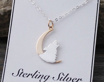 Sterling Silver Wolf Necklace * Crescent Moon Necklace * Wolf Pendant * Howling Wolf * Mixed Metal Necklace * Bronze * Animal Charm Necklace