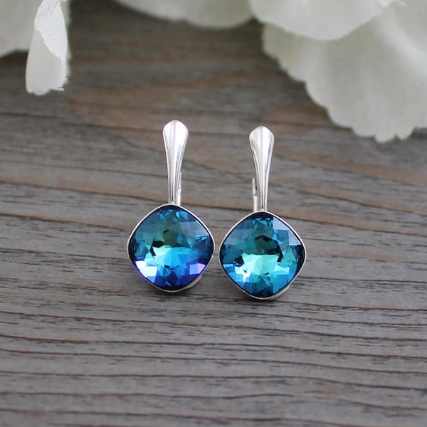 Bermuda Blue Crystal Earrings * Dark Blue and Aqua Swarovski Crystal Lever Backs * Square Princess Cut * Dangle Drop Crystal Earrings