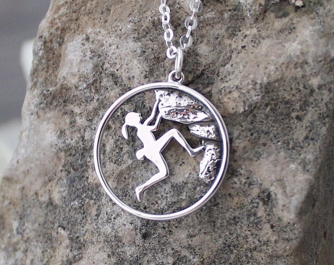 Sterling Silver Rock Climbing Necklace * Circle Pendant * Outdoor Enthusiast * Female Woman Rock Climber * Rock Climbing * Mountaineering