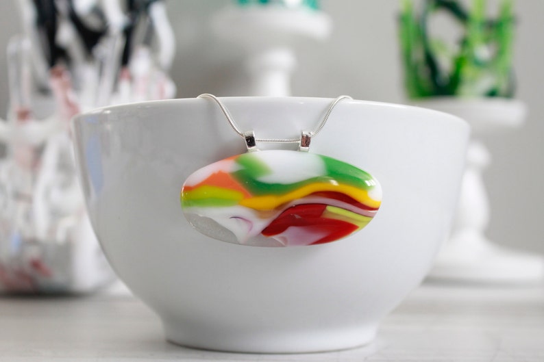 Fused Glass Necklace Green Orange Red White Fused Glass Etsy