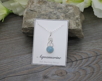 Genuine Aquamarine Pendant Necklace * Sterling Silver Celtic Knot * Motherhood Knot  * Gemstone Necklace * Infinity Knot * March Birthstone