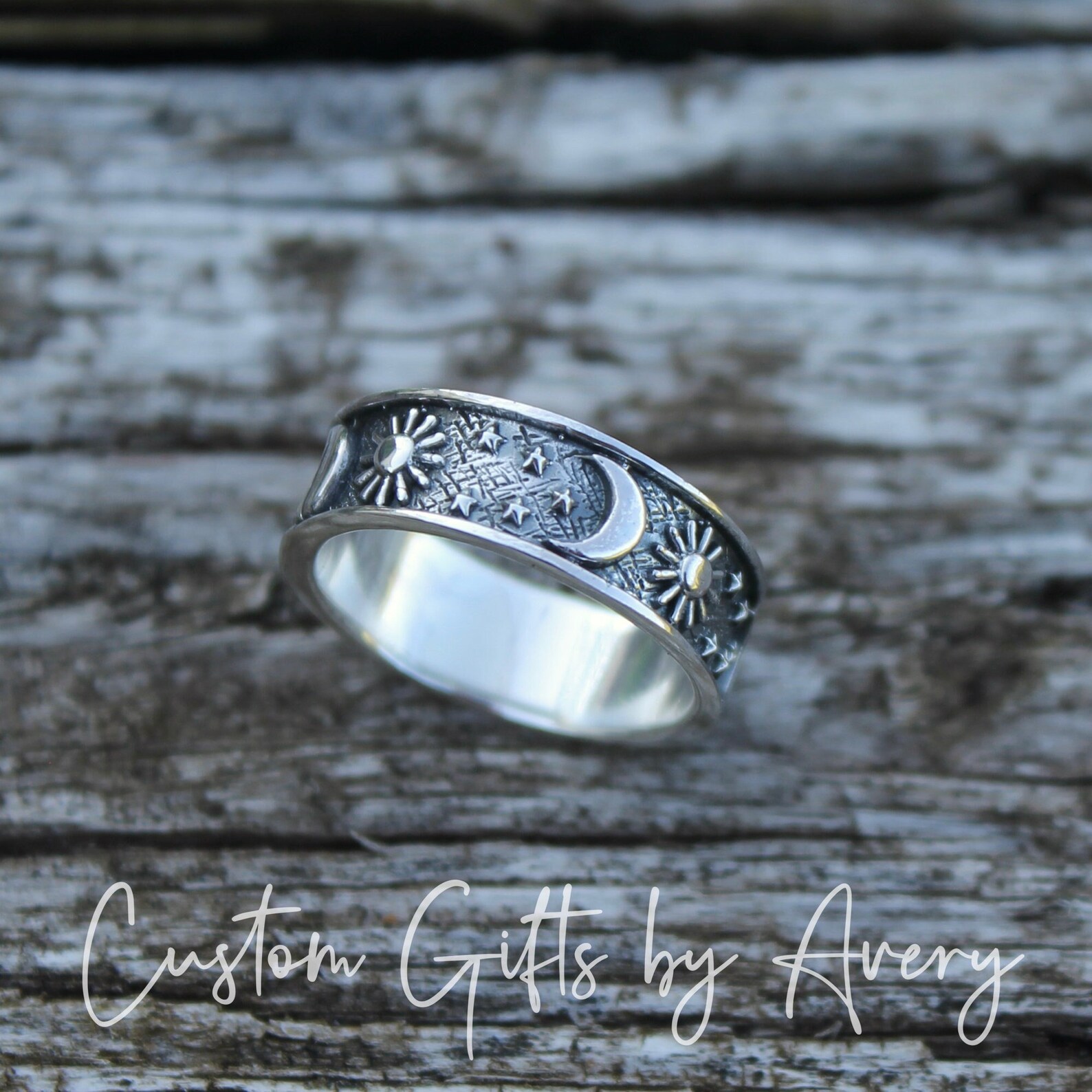 Oxidized Sterling Silver Moon & Star Ring - Mythological Band, Sizes 5-10