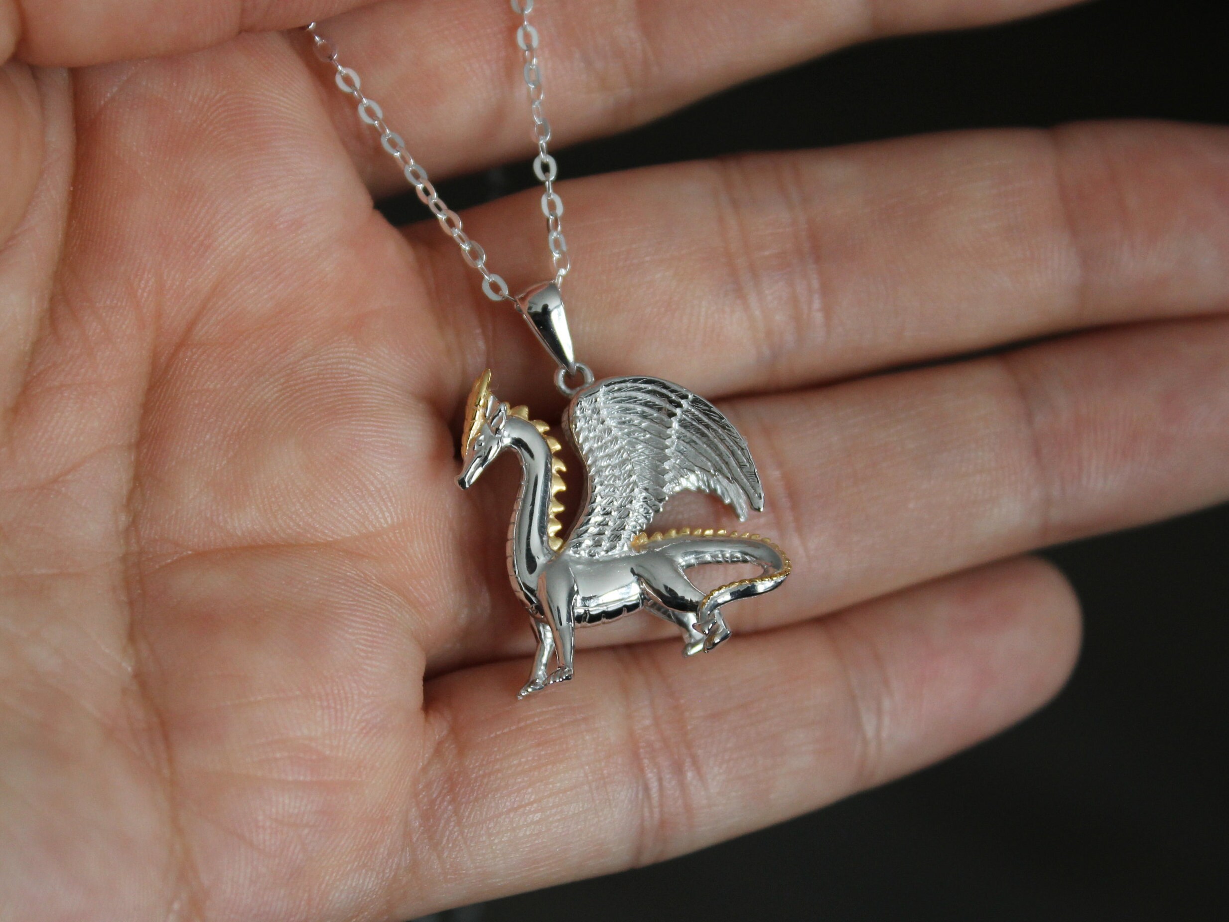 Sterling Silver and 14 KT Gold Dragon Pendant Necklace * 3D