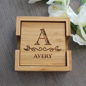 Custom Wood Coasters * Personalized Bamboo Coasters with Holder * Set of 4 Coasters