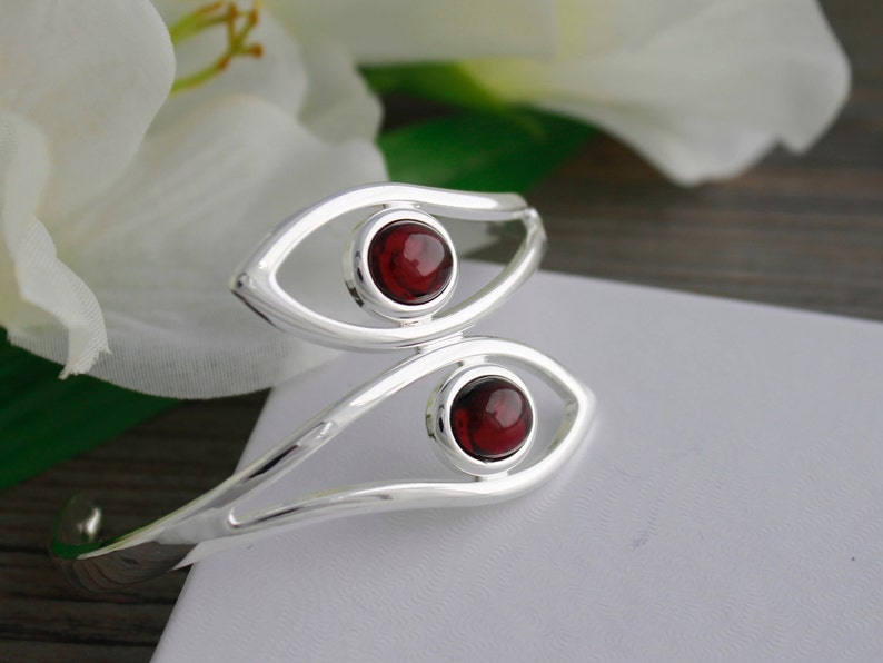 Genuine Garnet Adjustable Silver Leaf Bangle Bracelet; Garnet Cuff Bracelet; January Birthstone Jewelry