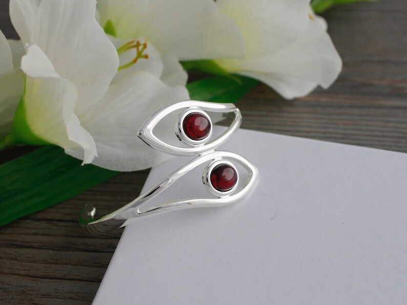 Genuine Garnet Adjustable Silver Leaf Bangle Bracelet; Garnet Cuff Bracelet; January Birthstone Jewelry