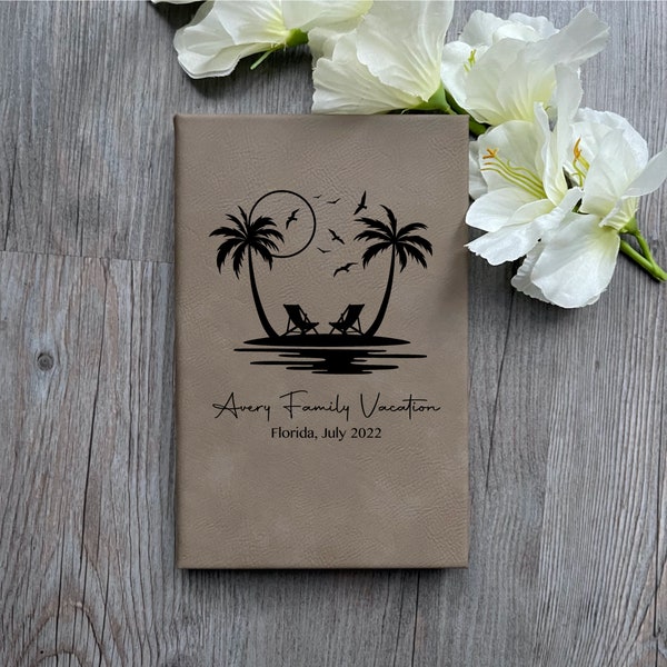 Personalized Vacation Journal * Palm Tree Leather Journal Notebook * Family Holiday * Custom Engraved Leather Notebook * Leatherette Journal