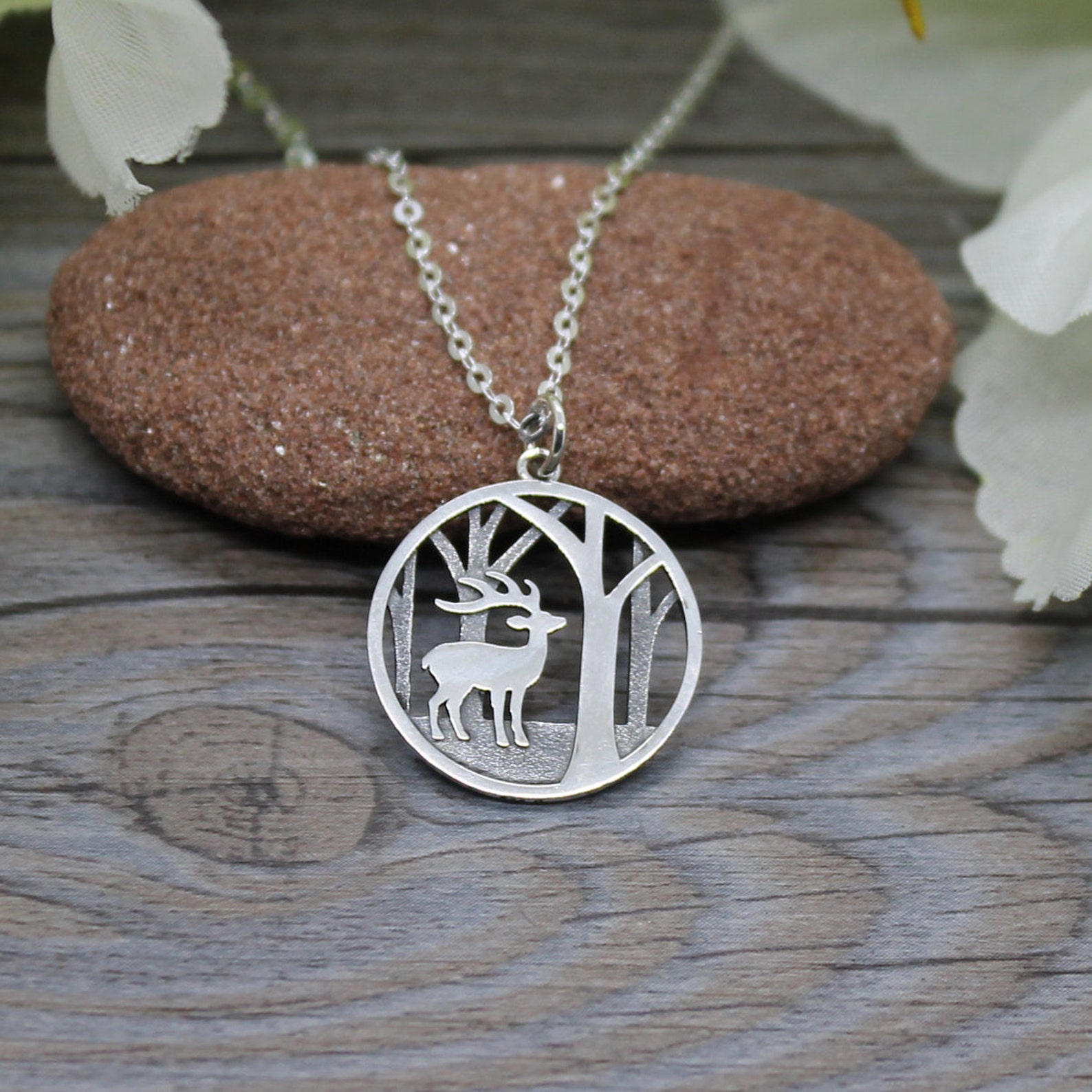 Sterling Silver Deer Pendant Necklace Deer in Trees Forest Etsy