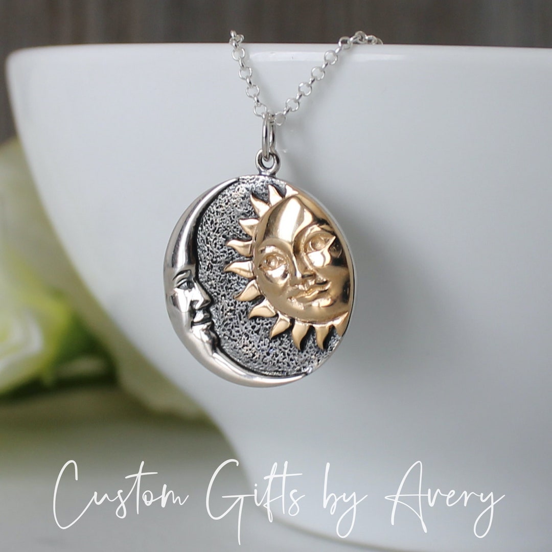 Sterling Silver & Bronze Sun and Moon Face Pendant * Crescent Moon ...